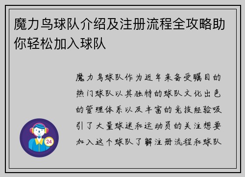 魔力鸟球队介绍及注册流程全攻略助你轻松加入球队