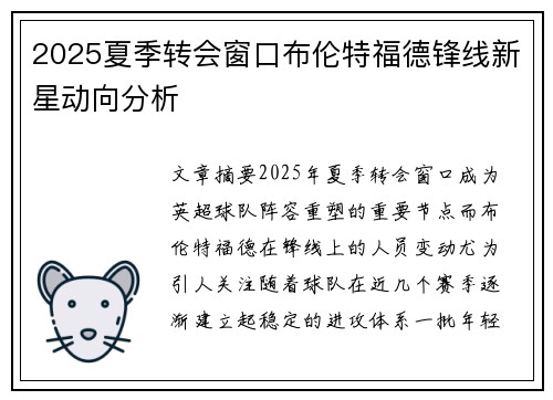2025夏季转会窗口布伦特福德锋线新星动向分析 2025夏季转会窗口布伦特福德锋线新星动向分析