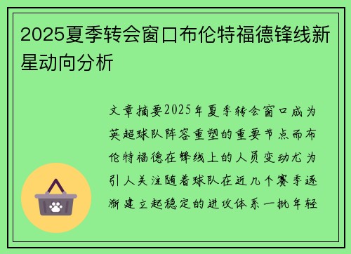 2025夏季转会窗口布伦特福德锋线新星动向分析